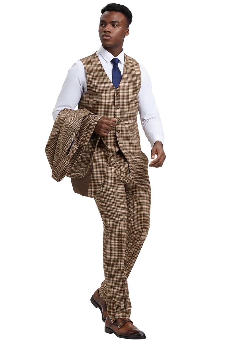 Men's Stacy Adams Vested Modern Fit Houndstooth Glen Plaid Suit in Camel & Green - Image 5