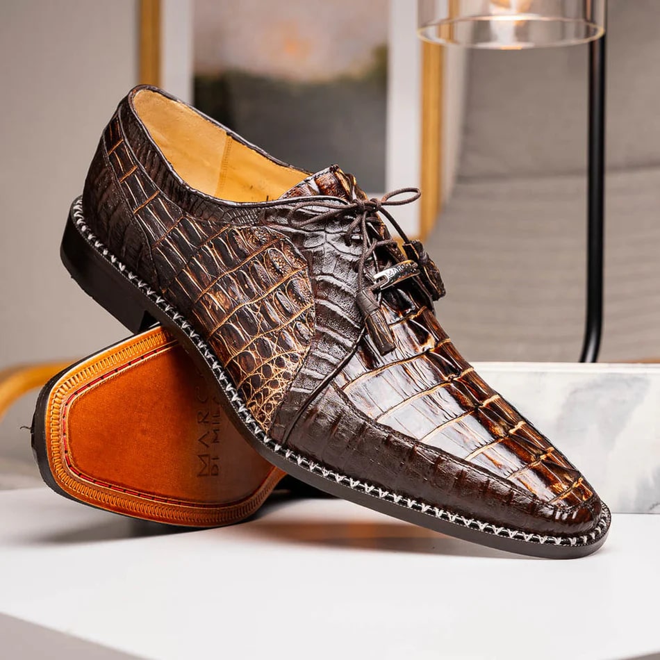 Marco Di Milano Caribe Men's Shoes Orix & Brown Exotic Hornback Crocodile Skin Derby Oxfords - Image 9