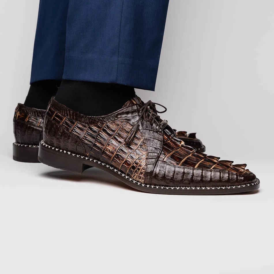 Marco Di Milano Caribe Men's Shoes Orix & Brown Exotic Hornback Crocodile Skin Derby Oxfords - Image 6
