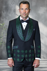 Mens Designer Floral Rhinestone Prom and Wedding Tuxedo in Black and Green