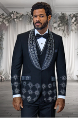 Mens Designer Floral Rhinestone Prom and Wedding Tuxedo in Black and White