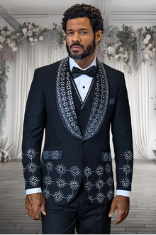 Mens Designer Floral Rhinestone Prom and Wedding Tuxedo in Black and White
