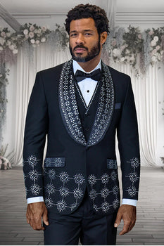 Mens Designer Floral Rhinestone Prom and Wedding Tuxedo in Black and White