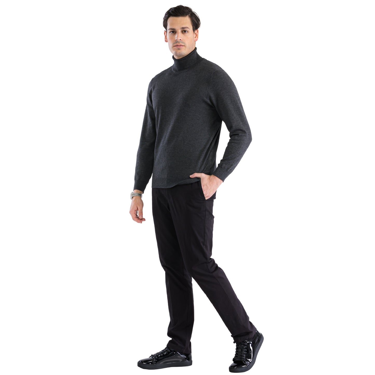 MENS CHARCOAL PULLOVER TURTLENECK SWEATER - Image 3