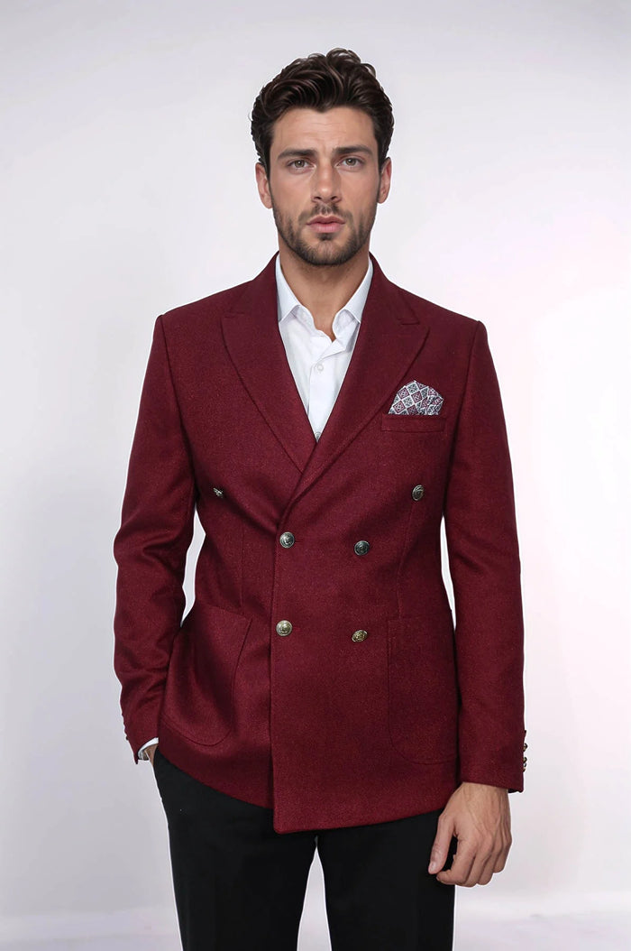 Mens Burgundy Slim Fit Blazer – Sharp Double Breasted Design - Image 3