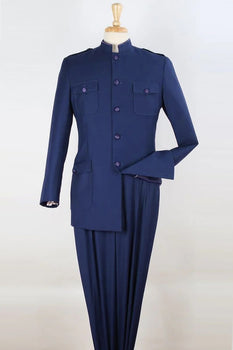 Mens Navy Five-Button Military Mandarin Suit – Safari-Style Banded Jacket