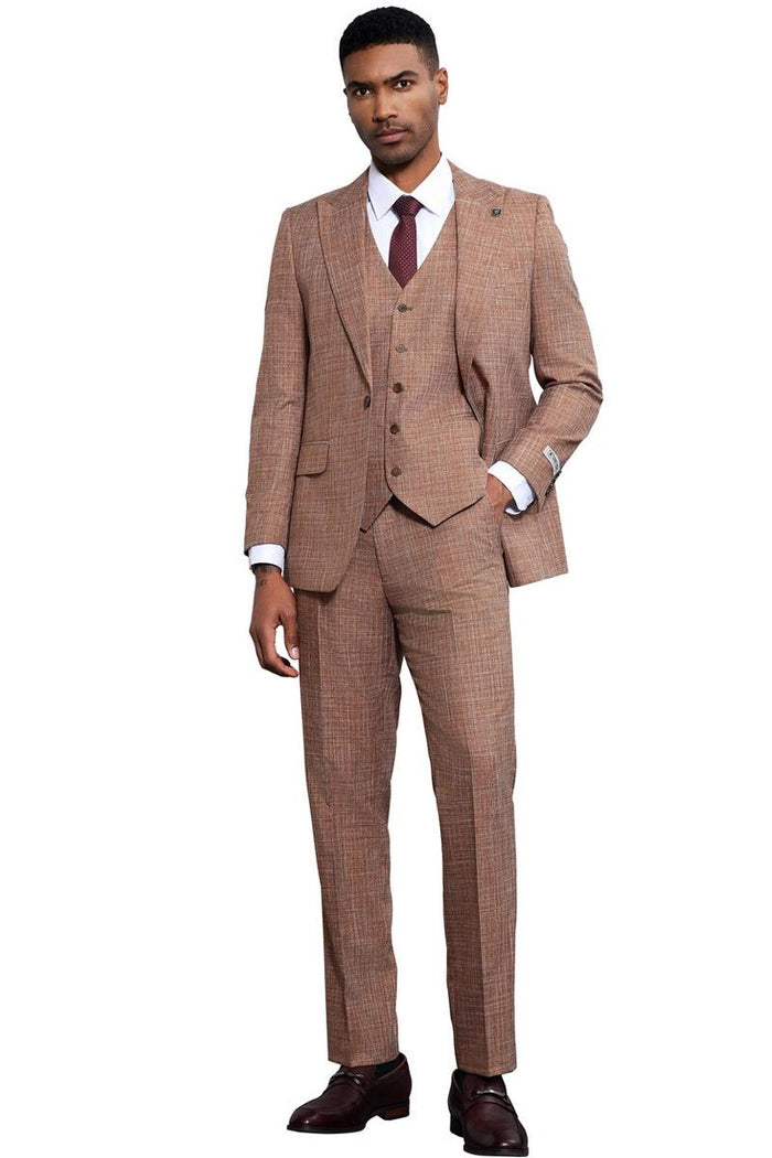 Men's Stacy Adams Vested Sharkskin Weave Pattern Suit in Light Rust - Image 3