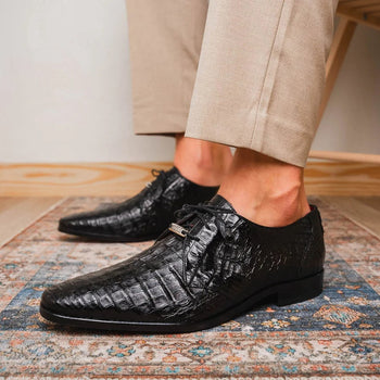 Marco Di Milano Lacio Men's Shoes Black Genuine Caiman Crocodile Dress Derby Oxfords - Image 3