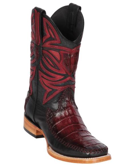 Los Altos Boots Caiman Belly And Deer Wide Square Toe Faded Burgundy