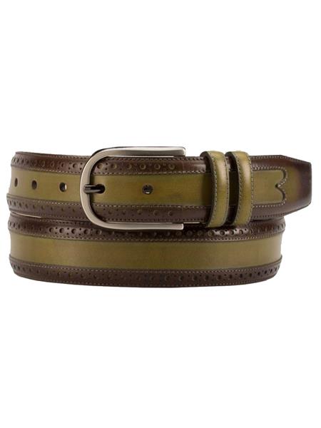 Men's Genuine Calfskin Two Tone Olive Skin Silver Buckle Belt
