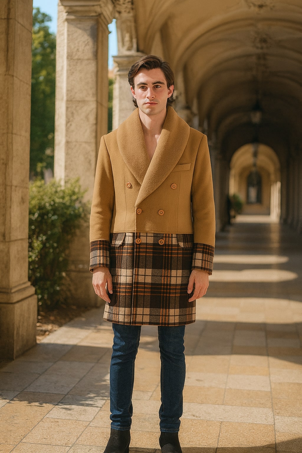 Mens Camel Brown Shawl Collar Overcoat with Plaid Wool Bottom – Double-Breasted Winter Topcoat With Fur Collar - Image 6