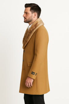 Mens Camel Overcoat with Light Faux Fur Collar – Single-Breasted Wool Dress Coat - Image 2