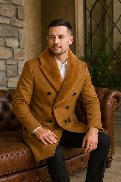 Mens Camel Wool Overcoat with Faux Fur Shawl Collar – Double-Breasted Winter Dress Coat - Image 3