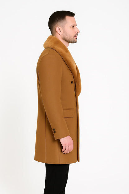Mens Camel Wool Overcoat with Faux Fur Shawl Collar – Double-Breasted Winter Dress Coat - Image 2