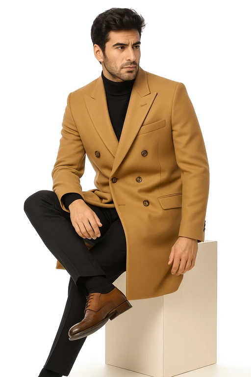 Men's Dress Coat 44 Inch Long Length Camel ~ Khaki ~ Beige ~ Tan Double Breasted Wool Blend Overcoat