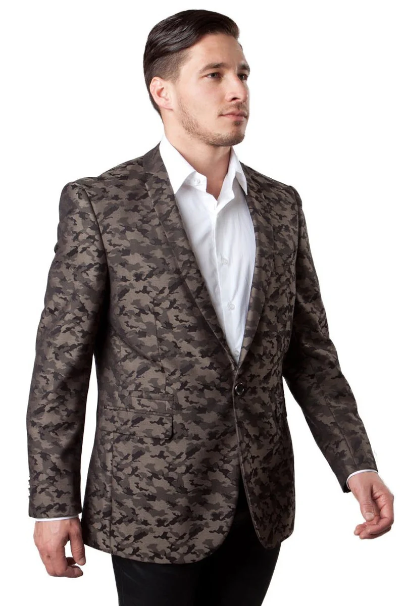 Mens One Button Camo Camouflage Sports Coat in Brown