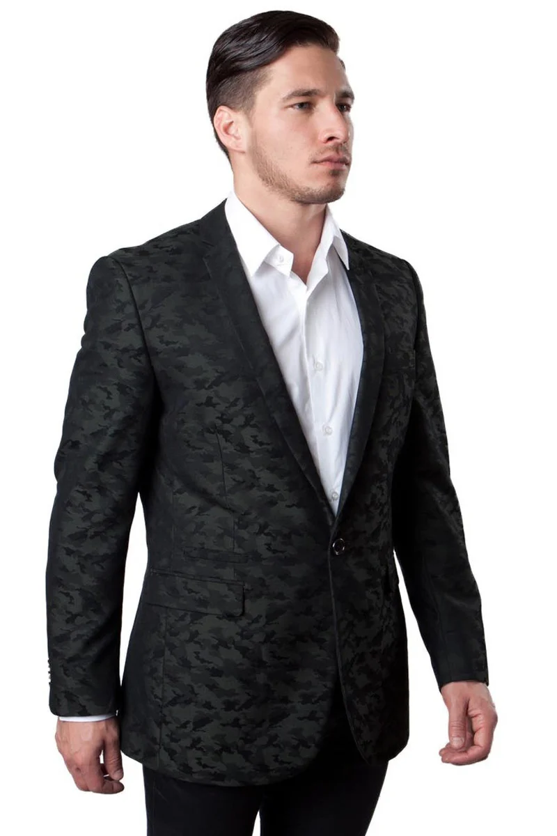 Mens One Button Camo Camouflage Sports Coat in Dark Green