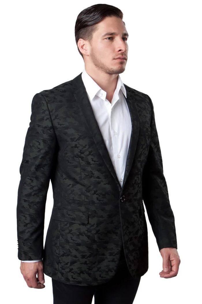 Mens One Button Camo Camouflage Sports Coat in Dark Green