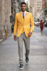 "Canary Yellow Men's Summer Suit with Two Button Vest & Plaid Pants"