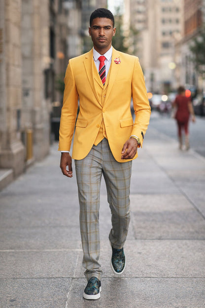 "Canary Yellow Men's Summer Suit with Two Button Vest & Plaid Pants"