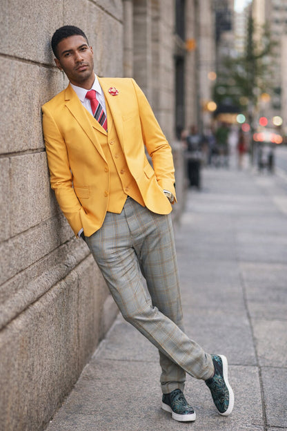 "Canary Yellow Men's Summer Suit with Two Button Vest & Plaid Pants"