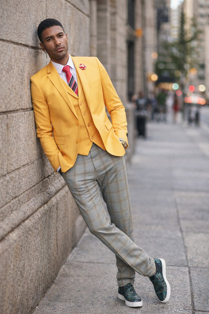 "Canary Yellow Men's Summer Suit with Two Button Vest & Plaid Pants"