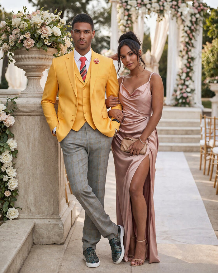 "Canary Yellow Men's Summer Suit with Two Button Vest & Plaid Pants"