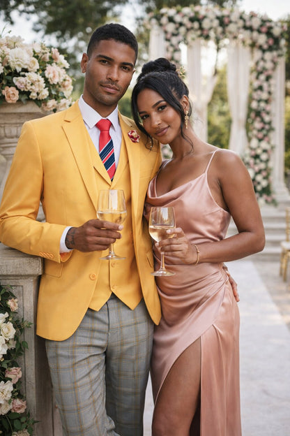 "Canary Yellow Men's Summer Suit with Two Button Vest & Plaid Pants"