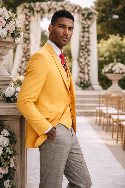 "Canary Yellow Men's Summer Suit with Two Button Vest & Plaid Pants"