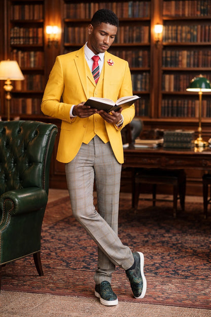 "Canary Yellow Men's Summer Suit with Two Button Vest & Plaid Pants"