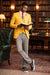 "Canary Yellow Men's Summer Suit with Two Button Vest & Plaid Pants"