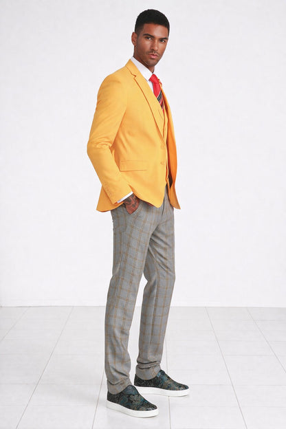 "Canary Yellow Men's Summer Suit with Two Button Vest & Plaid Pants"