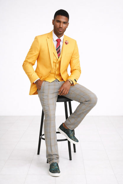 "Canary Yellow Men's Summer Suit with Two Button Vest & Plaid Pants"