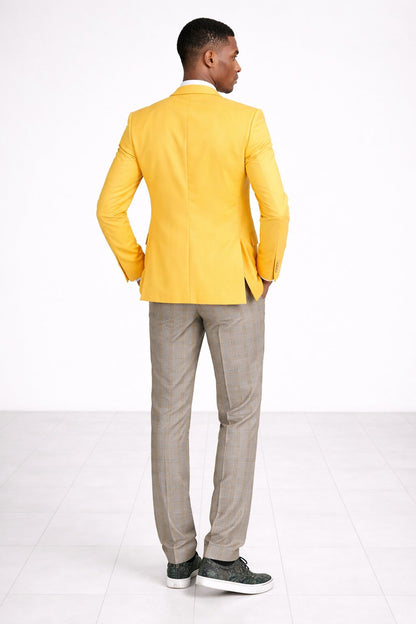 "Canary Yellow Men's Summer Suit with Two Button Vest & Plaid Pants"