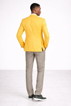 "Canary Yellow Men's Summer Suit with Two Button Vest & Plaid Pants"