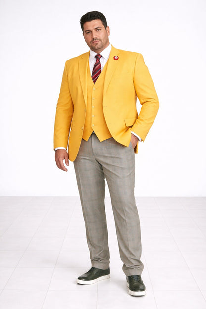 "Canary Yellow Men's Summer Suit with Two Button Vest & Plaid Pants"