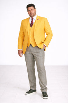 "Canary Yellow Men's Summer Suit with Two Button Vest & Plaid Pants"