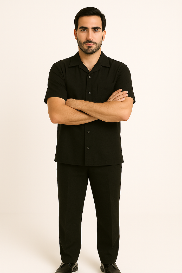 Men's 2 Piece Linen Short Sleeve Black Casual Big Size Casual Two Piece Mens Walking Outfit For Sale Pant Sets Suit - Image 8