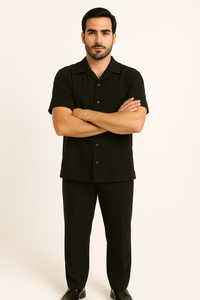 Men's 2 Piece Linen Short Sleeve Black Casual Big Size Casual Two Piece Mens Walking Outfit For Sale Pant Sets Suit