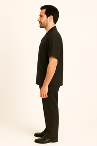 Men's Plain Black Short Sleeve Linen Casual Casual Two Piece Mens Walking Outfit For Sale Pant Sets Suit With Pant - Mens Linen Suit