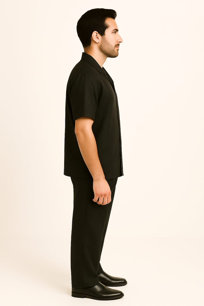 Men's 2 Piece Linen Short Sleeve Black Casual Big Size Casual Two Piece Mens Walking Outfit For Sale Pant Sets Suit - Image 4