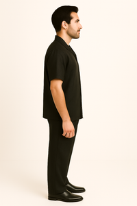 Men's Plain Black Short Sleeve Linen Casual Casual Two Piece Mens Walking Outfit For Sale Pant Sets Suit With Pant - Mens Linen Suit