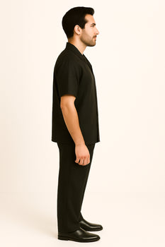 Men's Plain Black Short Sleeve Linen Casual Casual Two Piece Mens Walking Outfit For Sale Pant Sets Suit With Pant - Mens Linen Suit - Image 2