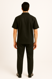 Men's Plain Black Short Sleeve Linen Casual Casual Two Piece Mens Walking Outfit For Sale Pant Sets Suit With Pant - Mens Linen Suit