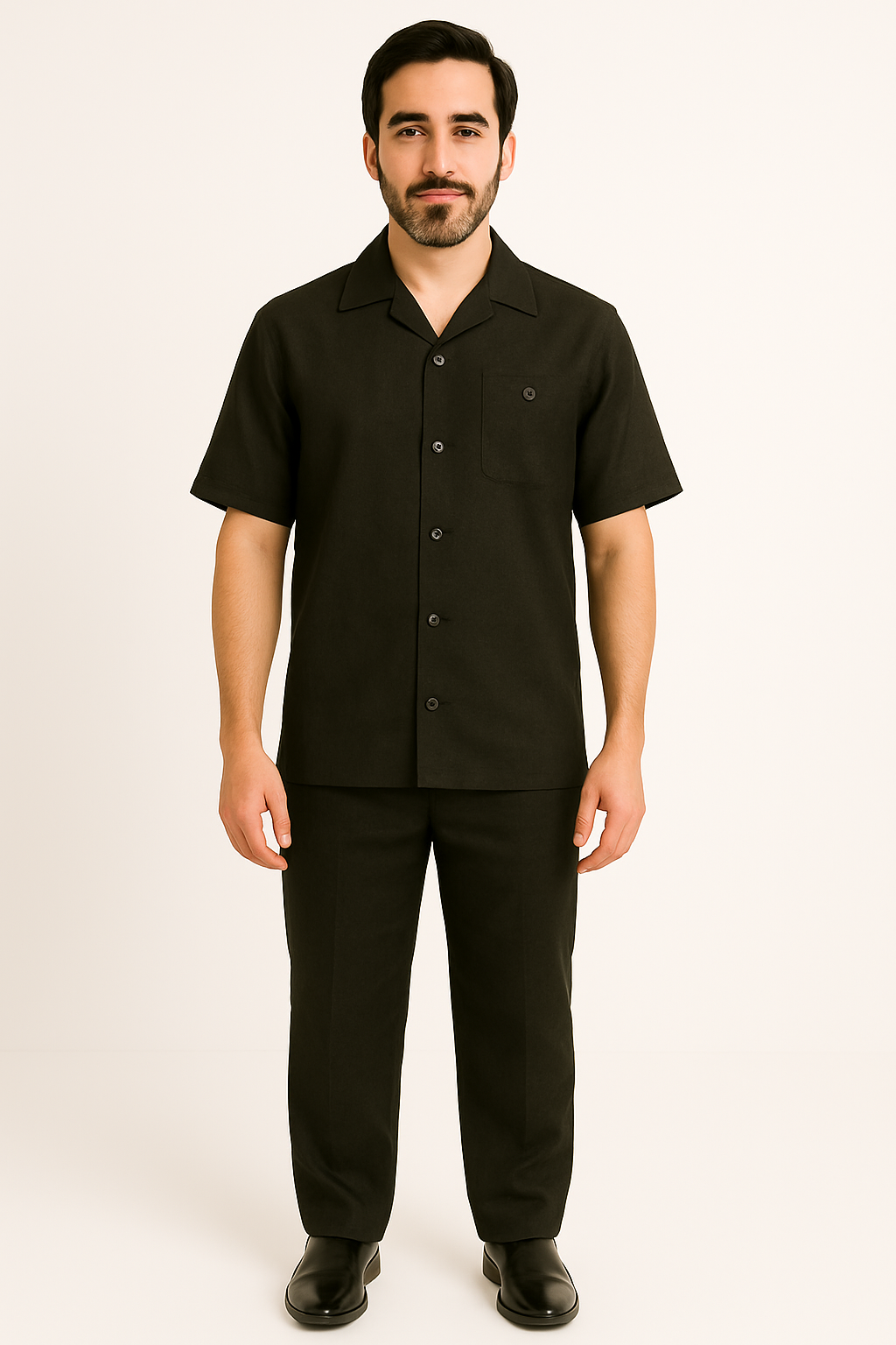 Men's 2 Piece Linen Short Sleeve Black Casual Big Size Casual Two Piece Mens Walking Outfit For Sale Pant Sets Suit