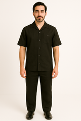 Men's 2 Piece Linen Short Sleeve Black Casual Big Size Casual Two Piece Mens Walking Outfit For Sale Pant Sets Suit
