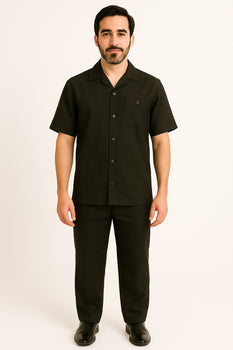 Men's Plain Black Short Sleeve Linen Casual Casual Two Piece Mens Walking Outfit For Sale Pant Sets Suit With Pant - Mens Linen Suit