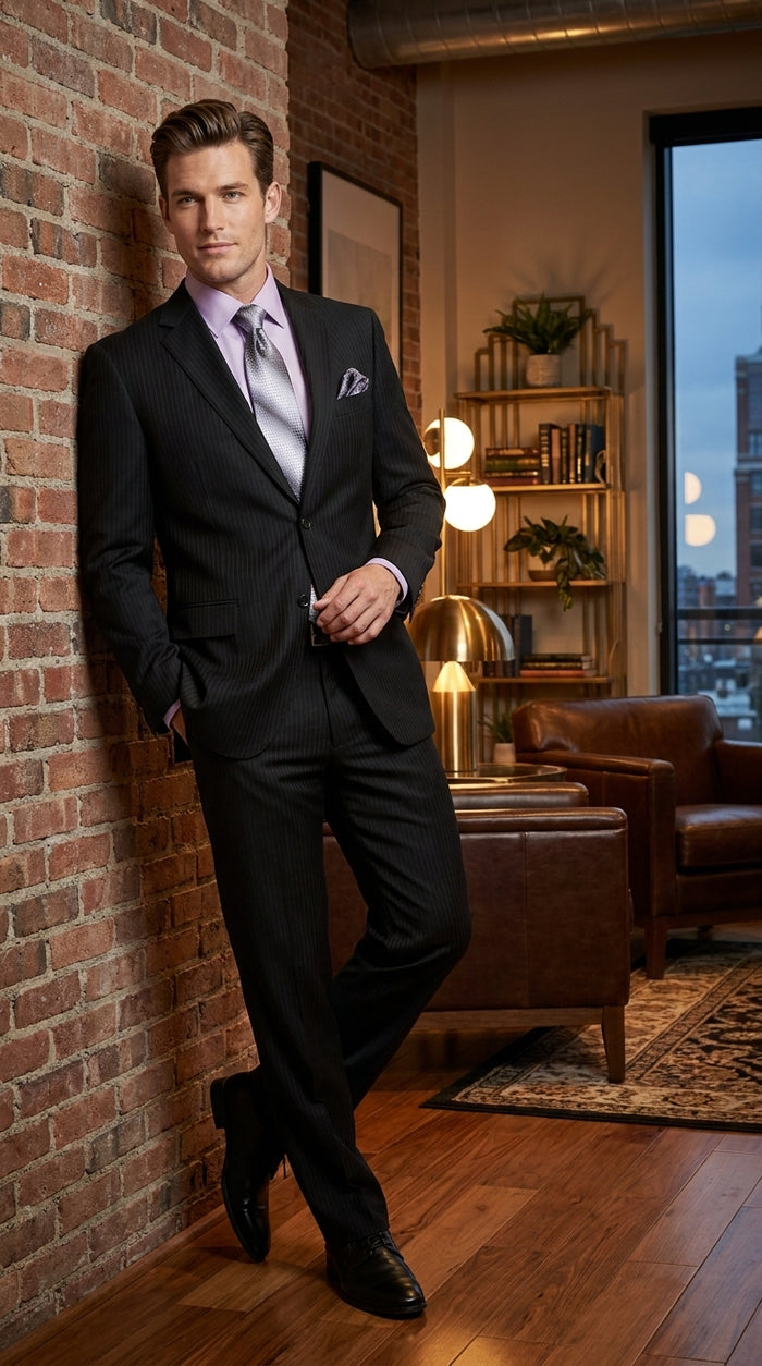 Men’s Black Tone on Tone Shadow Stripe 2 Button Suit, Two Piece Business Dress Suit