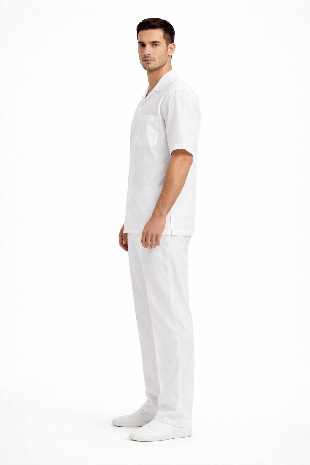 Men's White Linen 2 Piece Short Sleeve Casual Outfit Casual Two Piece Mens Walking Outfit For Sale Pant Sets Suit all white outfits for men