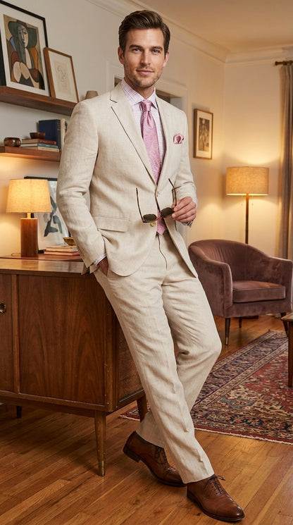 Men’s Natural Linen 2 Piece Suit, Regular Fit Summer Wedding Beach Dress Suit